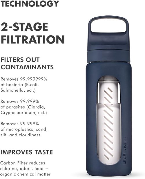 LifeStraw Go Series - Hand-Blown Glass Water Filter Bottle with Silicone Sleeve | 20oz Aegean Sea