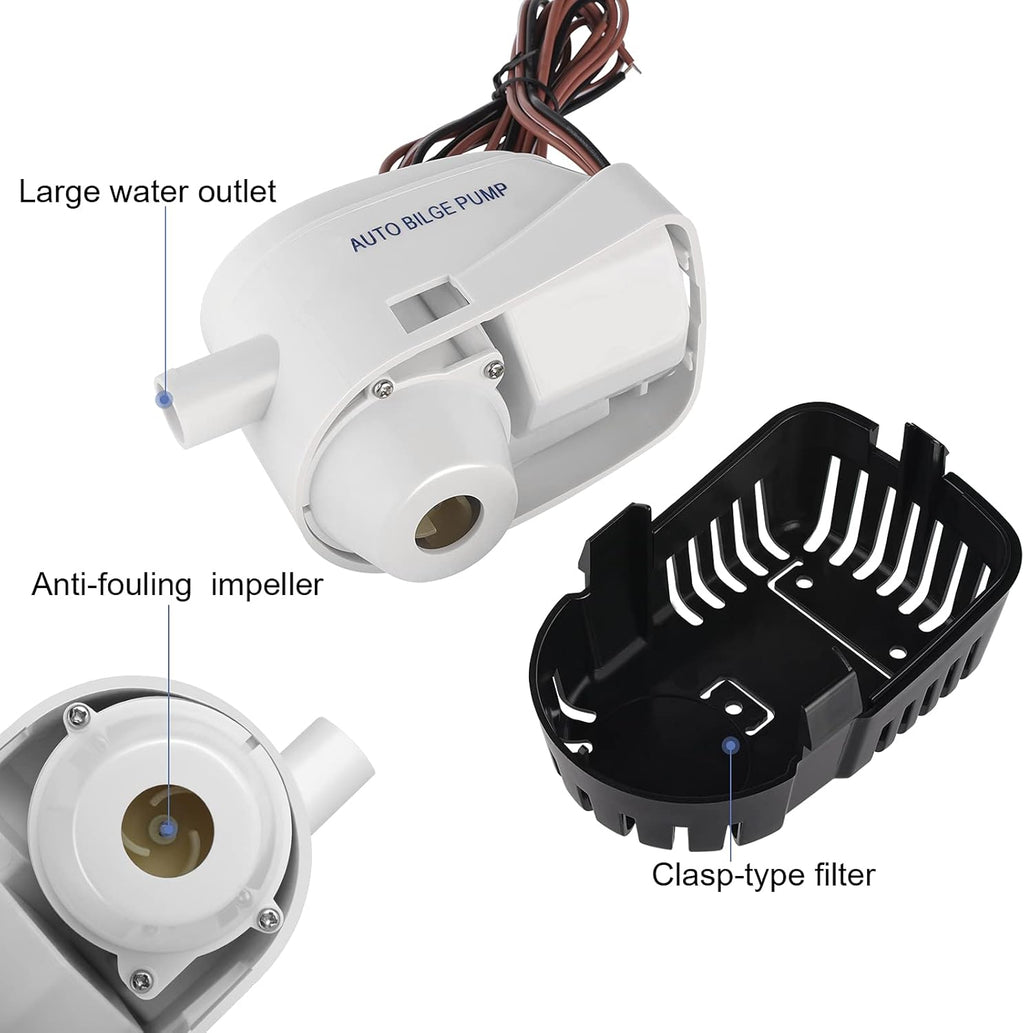 Skiennix 750GPH Automatic Submersible Bilge Water Pump - Float Switch & 3/4 Inch Outlet Diameter