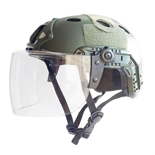 Tactical Airsoft Paintball PJ Type Fast Helmet with Face Shield Visor Goggles Side Rail & NVG Mount (OD Green)