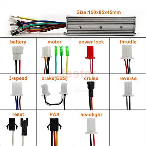 L-faster 24V/36V/48V 500W Brushless Hub Motor Controller Square Wave for Electric Reverse Cart Scooter PAS Cruise Bicycle (48V500W)