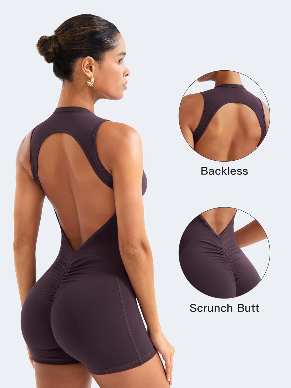 YEOREO Backless Workout Jumpsuit - Women's Sleeveless Yoga Romper with Scrunch Butt Design