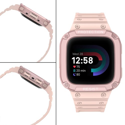 Feigand Compatible for Fitbit Versa 4/3/2/ Fitbit Versa Lite/Sense 2/Sense Bands with Case, Rugged Sports Protector PC Cover TPU Wristbands for Men Women, Green (Pink)