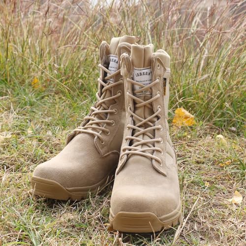 Men's Military Tactical Work Boots 9.5 Beige Side Zipper Desert Combat Lightweight Hiking