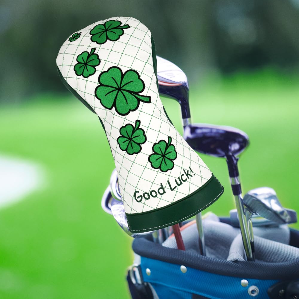 PINMEI Golf Club Head Covers for Driver Headcover Embroidered Four-Leaf Clover Design Synthetic Lether Fit Most Drivers Fit for Titleist Callaway Ping Taylormade Cobra (White Good Luck Driver)