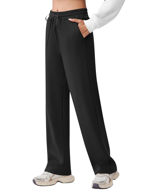 PINSPARK Women's Wide Leg Sweat Pants High Waisted Lounge Sweatpants Comfy Breathable Drawstring Sports Pants with Pocket Black PS