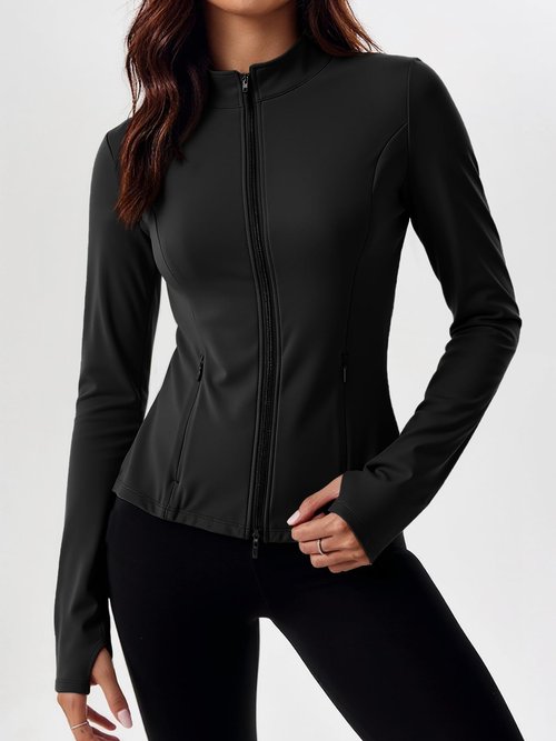 Fisoew Women's Zip Up Workout Jacket Pleated Lightweight Slim Fit Stand Collar Thumb Hole Tops with Pockets