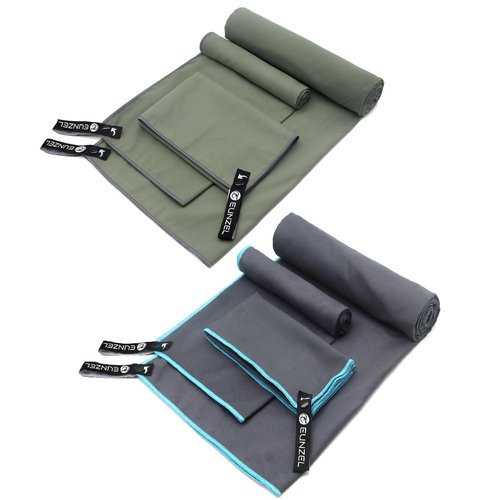 Eunzel 2 Set Quick Dry Camping Towel, Microfiber Travel Towel Super Absorbent Fast Drying Towel for Camping, Beach, Gym, Backpacking & Swimming(Two 3-Piece Towel Sets, Army Green/Grey)