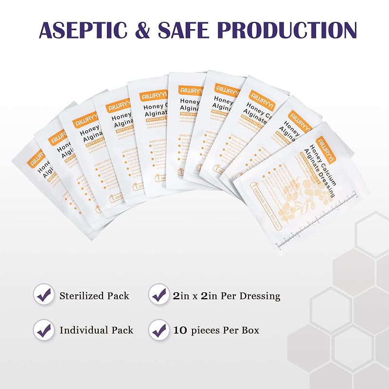 Honey Alginate Dressing 2x2" Pack of 10 | Wound Care Patches for Bedsores, Diabetic Ulcers, Burns