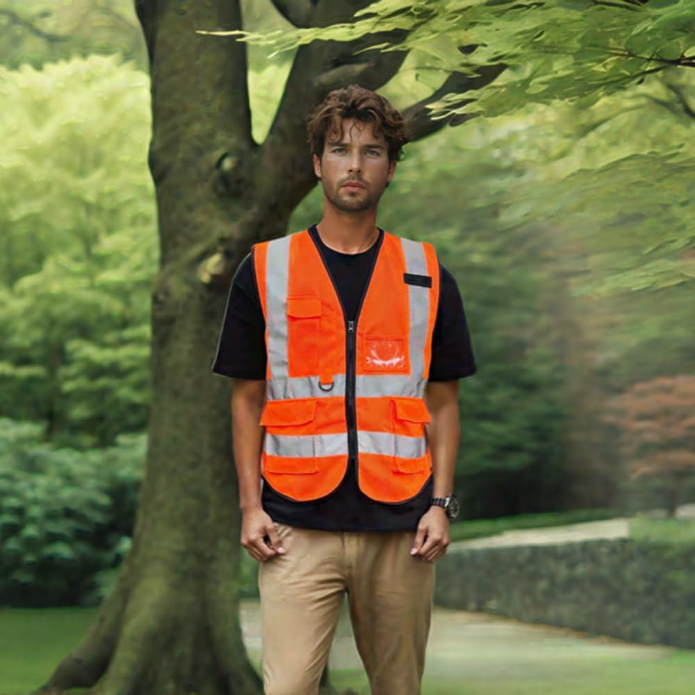 IDOU High Visibility Orange Reflective Safety Vest - Breathable Work Vest with 5 Pockets & Zipper, Comfort Fit for Construction, Night Shifts, Outdoor Use L