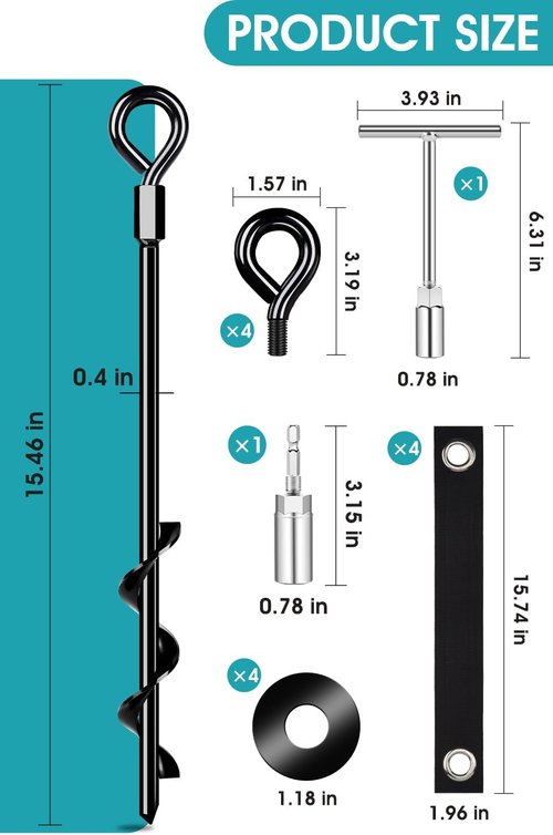 Ground Anchors | 4-Pack Screw-In Stakes with Straps - High Wind Resistant for Trampolines, Tents, and Swing Sets (4x15 in)