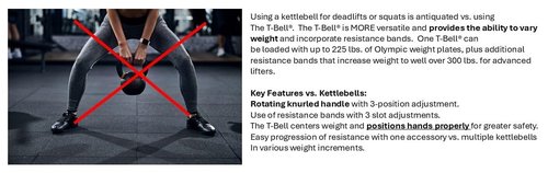 T-Bell Adjustable Kettlebell. Rustproof with Durable Rotating Handle. Fitness Accessory for Body Shaping, Core Leg, Back and Buttocks Strength. 225 lb. Capacity. 15.25” H x 10” W x 2” Diameter