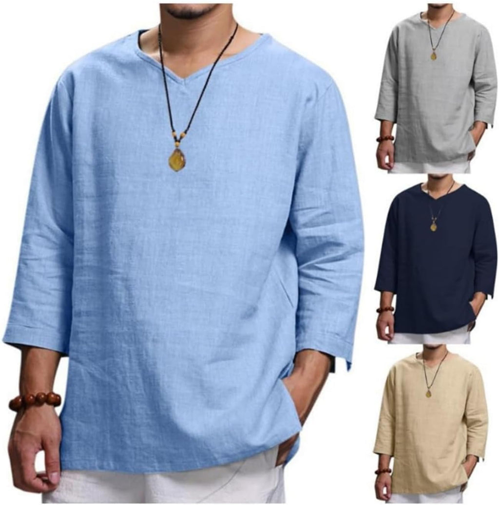 Skiennix Men's Cotton Linen Shirt - Lightweight 3/4 Sleeve V-Neck for Casual Spring & Summer Wear