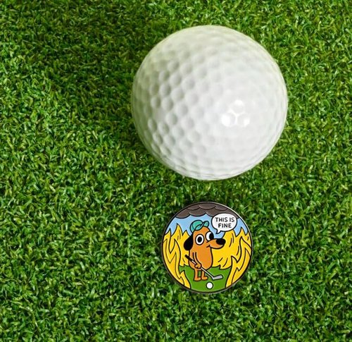 Pinsanity “This is Fine” Funny Golf Ball Marker with Hat Clip – Novelty Golfing Accessory & Gift for Golfers