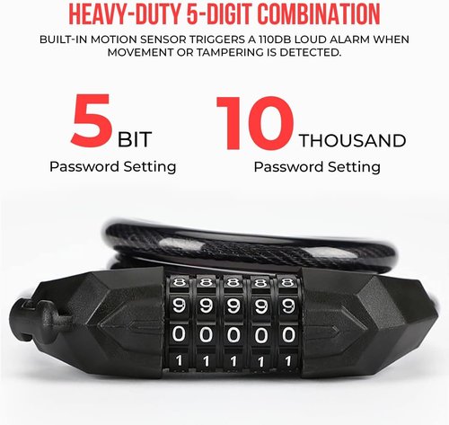 Electric Bike Lock, 5-Digit Resettable Combination Cable Lock for Scooters, Motorcycle, Ideal Anti-Theft Bicycle Lock