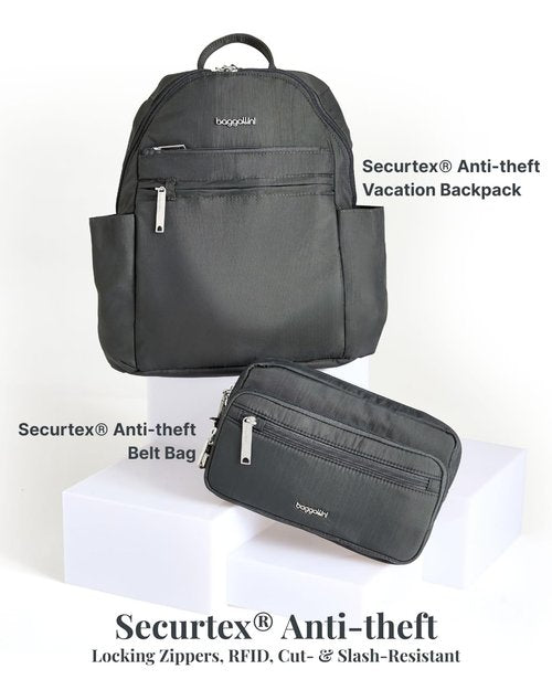 Baggallini Securtex® Anti-theft Vacation Travel Backpack 10x13 Slash-Resistant Nylon Daypack w/RFID, Charcoal