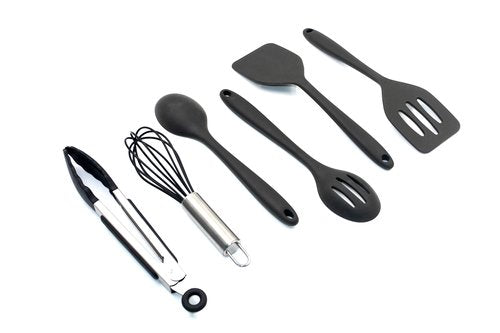 Mini Silicone Kitchen Utensils Set 6-Piece Black, Space-Saving Cooking Tools, Kid-Safe Cookware, Travel, Small Kitchen Utensil Set for Camping & RV