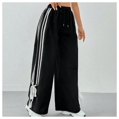 BEAUDRM Girl's Bow Track Pants Striped Sweatpants Baggy Wide Leg Parachute Pants for Joggers Hip Hop Dance Black 10 Years