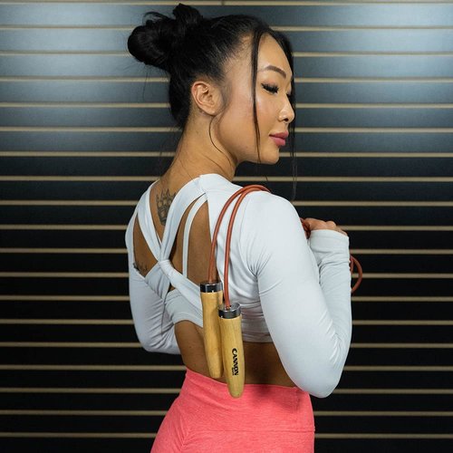 Cannon Sports Leather Jump Rope with Ball Bearing Wooden Handles for Fitness & Home Gym (9.5 FT)