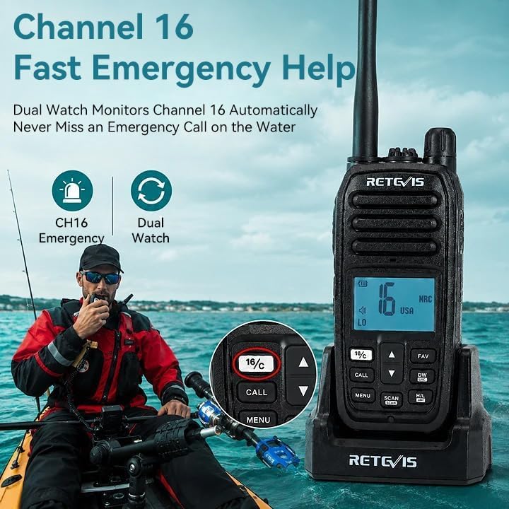 Marine VHF Radio 5W Waterproof Floating Handheld with Noise Cancellation