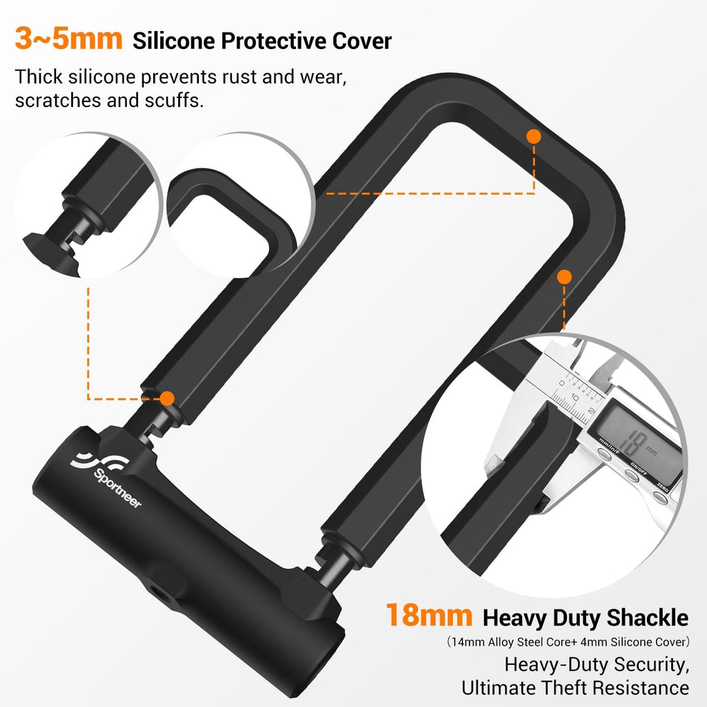 Sportneer Heavy-Duty Bicycle Lock - 18mm Anti-Theft U-Lock with 5ft Steel Cable & 3 Keys | Fits Road & Mountain Bikes, Size 8.58'' x 4.85''