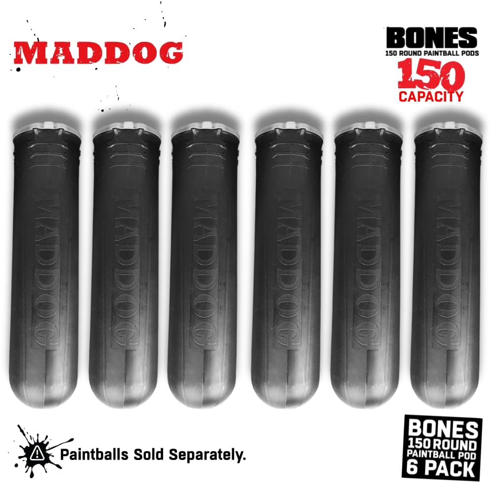 Maddog 150 Round Bones Paintball Pods | Durable Quick Reload Tubes for Tournament and Recreational Speedball Woodsball | 6 Pack - Black