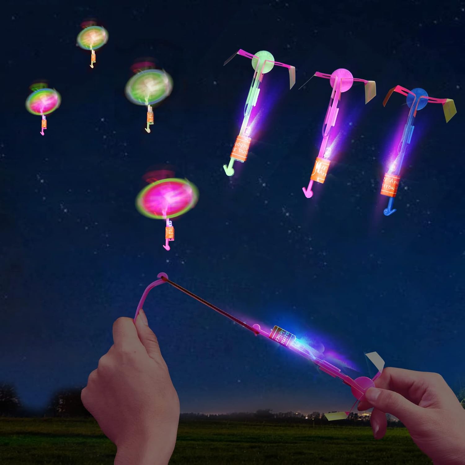 **LPVOQPTH 25 Sets LED Flying Toy Set - Glow in The Dark Slingshot Helicopters for Kids (Ages 4-12)**