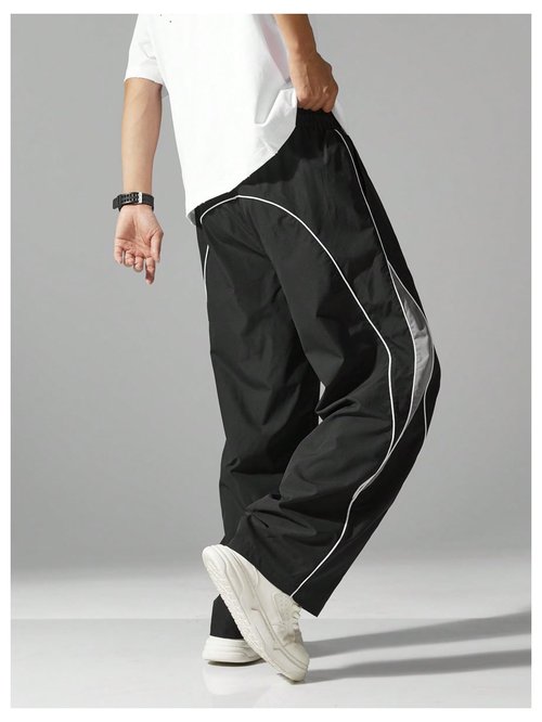 SOLY HUX Men's Baggy Track Pants Drawstring Elastic Waist Parachute Sweatpants Streetwear Black Grey Medium
