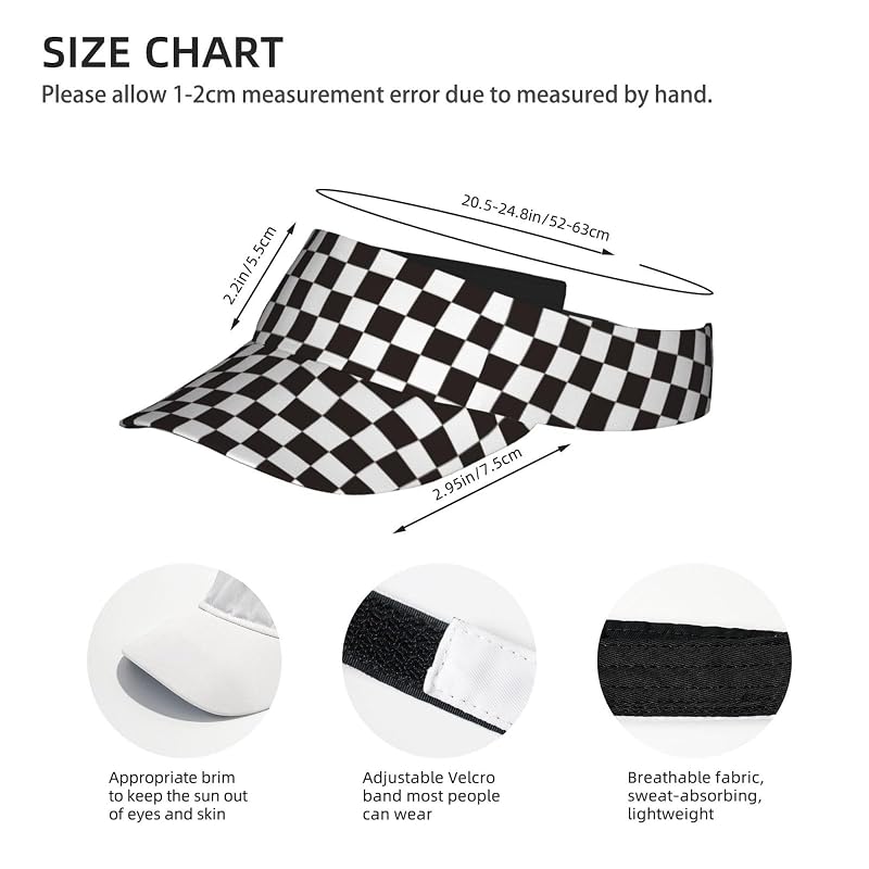 Sports Sun Visor Hat - Adjustable, Lightweight, Quick-Dry, UV Protection - Black/White Checkered Racing Flag Variation