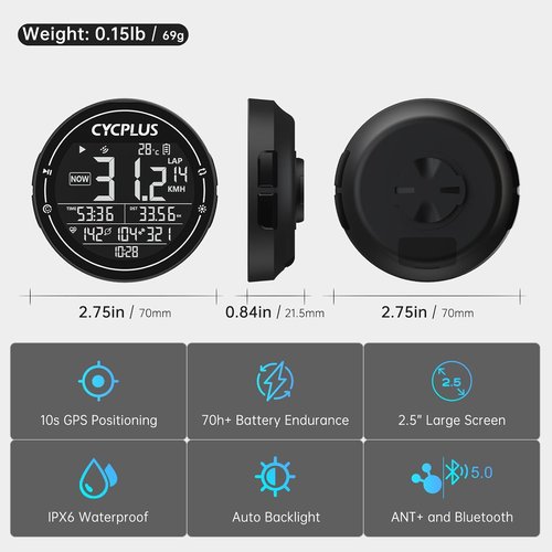 CYCPLUS GPS Bike Computer - Wireless Cycling Speedometer with ANT+ & Bluetooth | IPX6 Waterproof, 2.5" Screen
