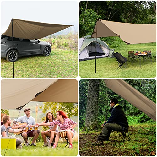 Khaki Camping Tarp 16x9.8ft with Poles Waterproof Rain Fly for Outdoor Travel