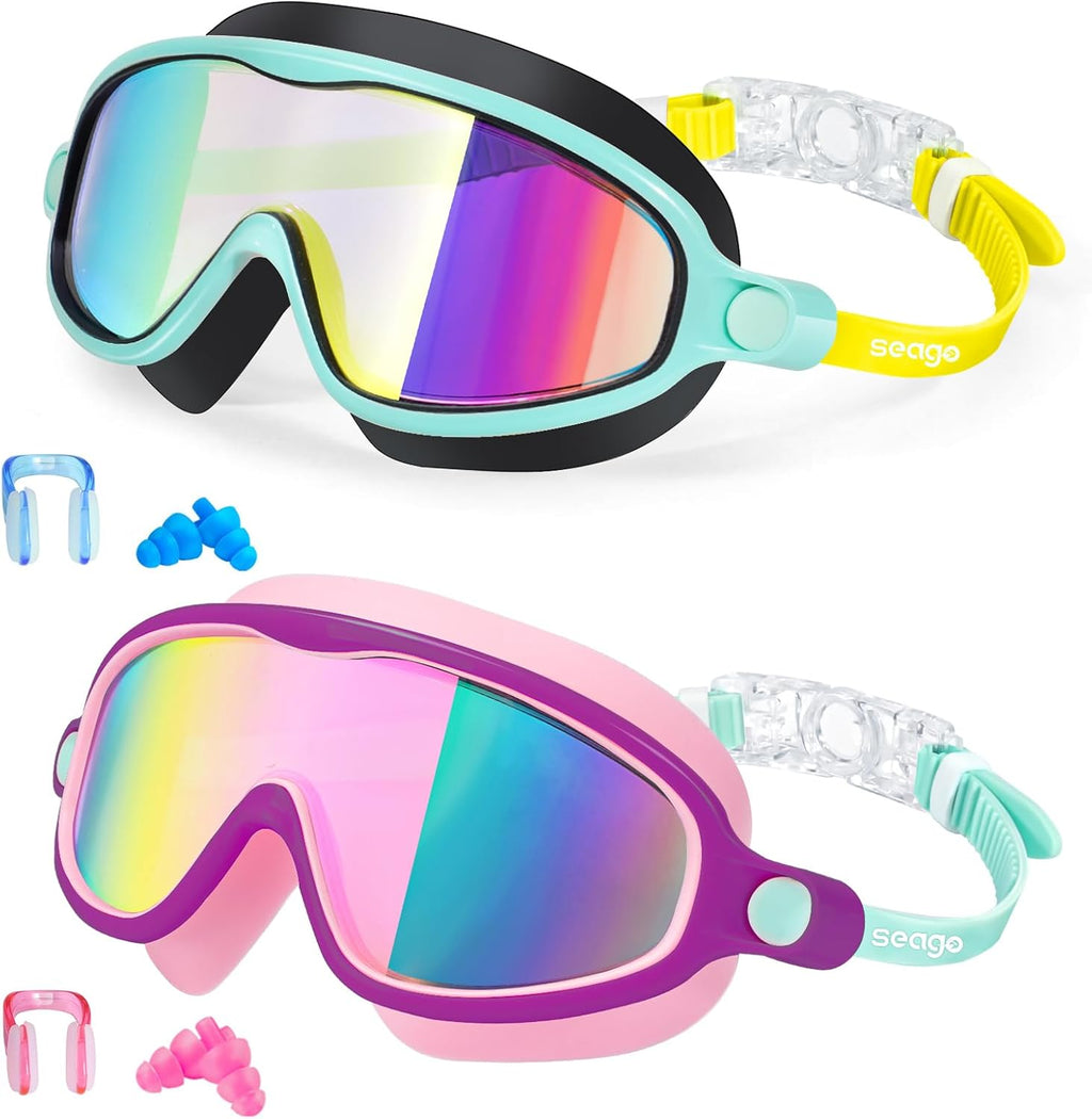 Seago Swim Goggles - 2 Pack Anti-Fog & UV Protection for Kids Ages 3-14 | Wide View Design