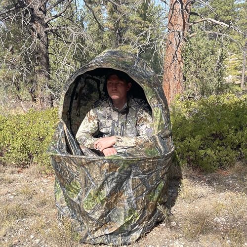 AUSCAMOTEK Woodland Green See-Through Hunting Ground Blind with Built-In Chair - 1 Person Pop-Up Camouflage Tent