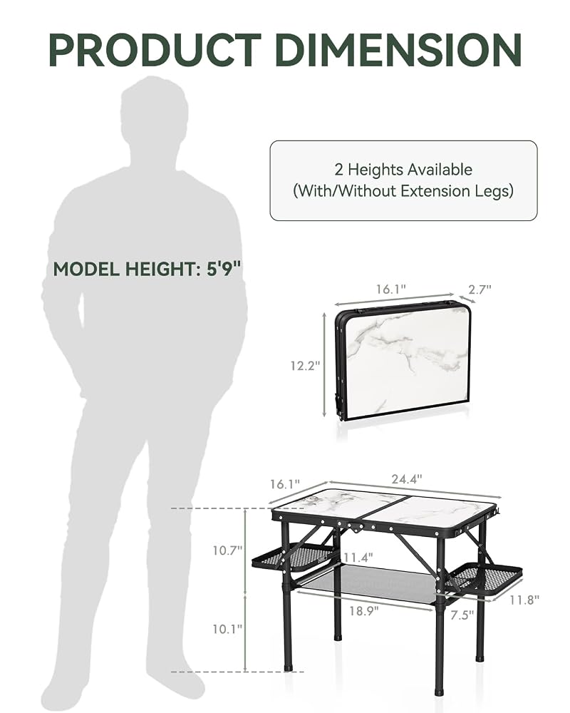 Titanker Small Folding Camping Table 2ft with Side Racks and Net (White Marble & Storage Net) – Portable Beach/Car Picnic Table