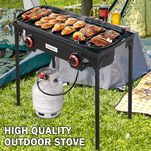 Propane Grill 2 Burner Outdoor Camping Stove - Portable Gas Cooker for Backyard BBQ and Camping - Double Burner