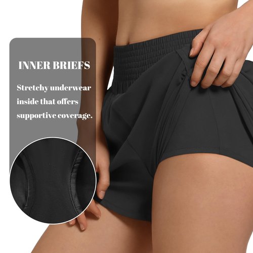 SAFWAK Women's High Waist Athletic Shorts Quick Dry Sporty Workout Running Shorts for Women with Zipper Pocket Black, S