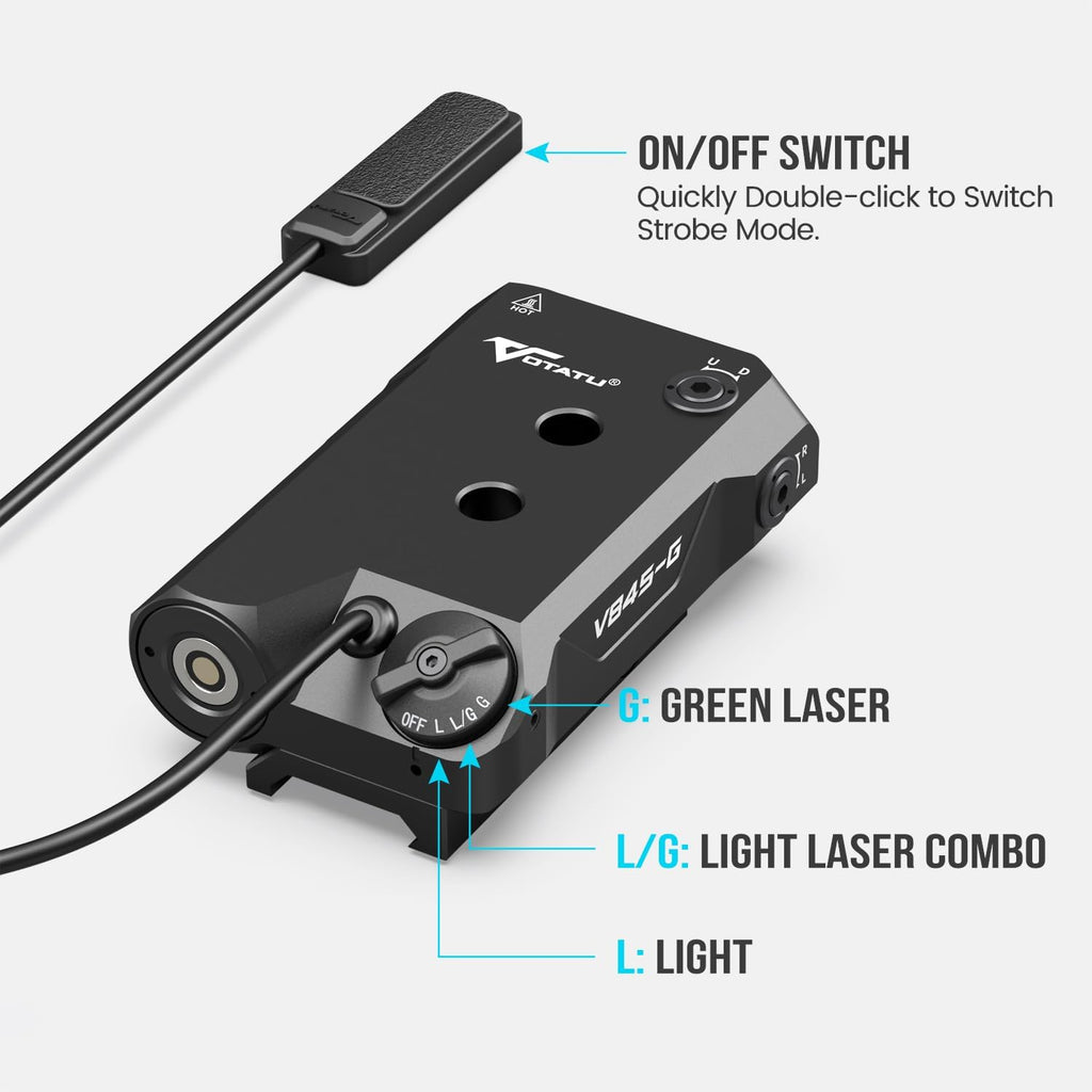VOTATU V845 Green Laser & Light Combo - 2000 Lumens LED Flashlight with Pressure Switch for M-LOK Rail