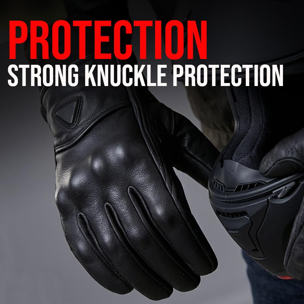 Jackets 4 Bikes Motorcycle Gloves - Premium Leather for Men, Touchscreen, Non-Slip, Motorbike Cruiser Street Biker Protector Black S
