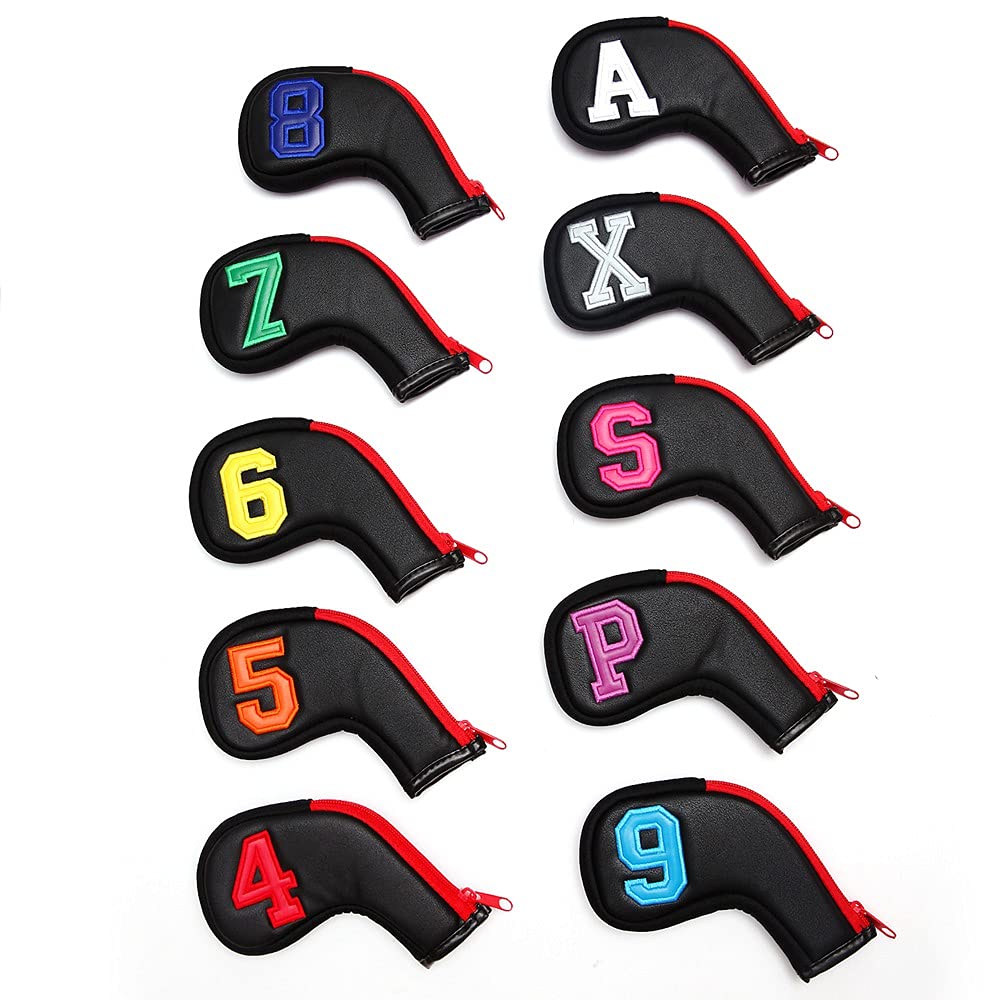 SHABIER Colorful Number Golf Iron Head Covers Iron Headovers Wedges Covers 4-9 ASPX 10pcs (Black with Zipper)