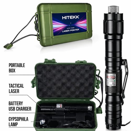 HITEKK High Power Green Laser Pointer | Tactical Long Range Green Laser Pointer | Single Press On/Off Tactical Lazer Pointer | Rechargeable Lazer Pointer and Carrying Case
