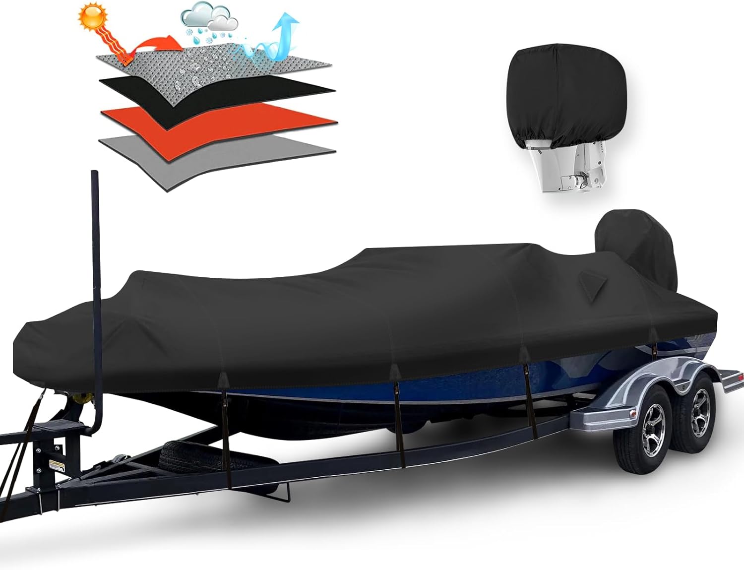 Solim Waterproof 1200D PU Boat Cover - Heavy Duty Marine Grade for 14-16ft V-Hull, Runabout, Fishing | Black