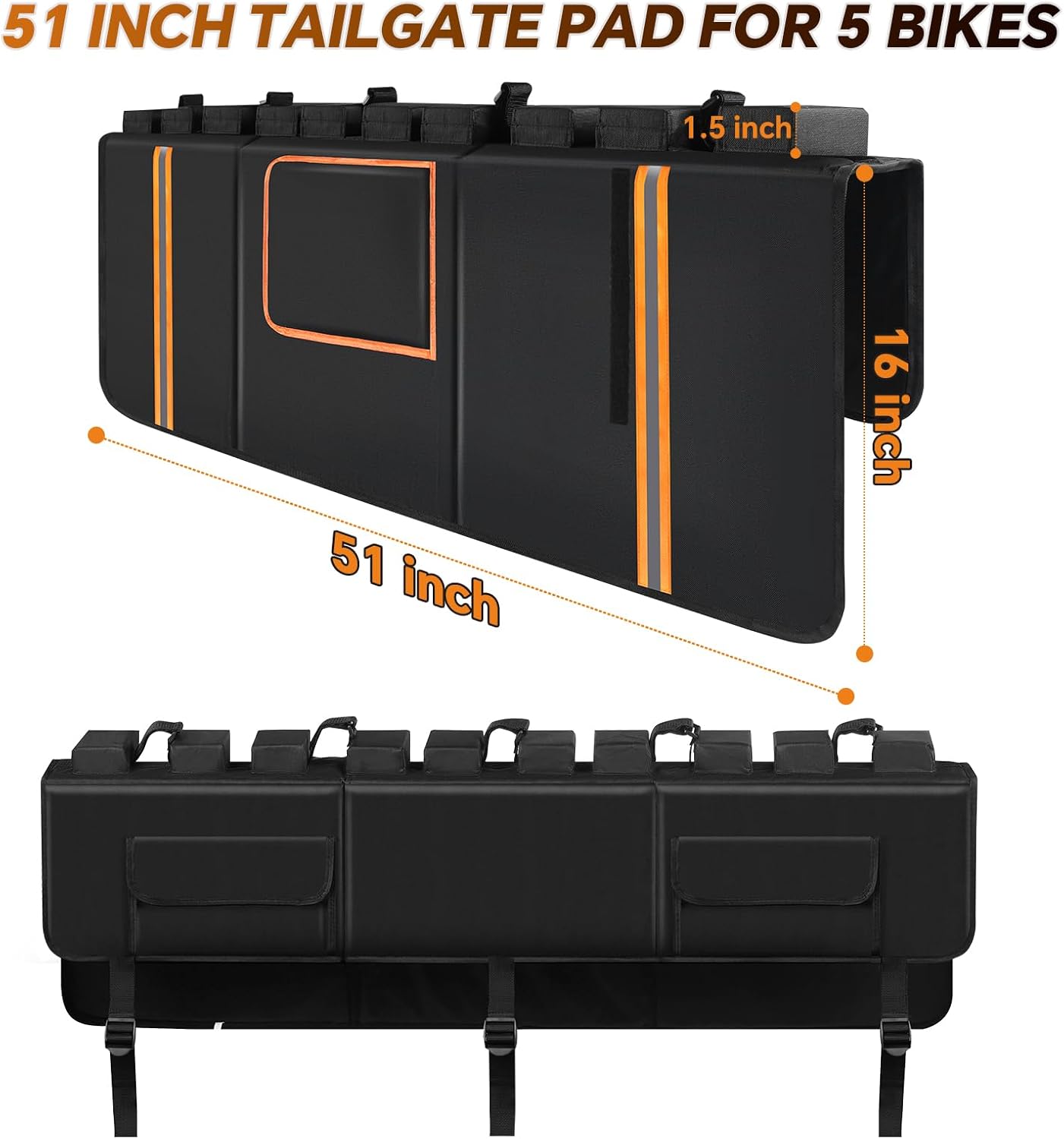 Tailgate Bike Pad, Upgraded Fixtures 600D Wear-Resistant Waterproof Fabric, Tailgate Pad for Mountain Bike, Universal Pickup Truck Tailgate Pad with 2 Reflective Strip and Tool Pocket, Lengths 51"
