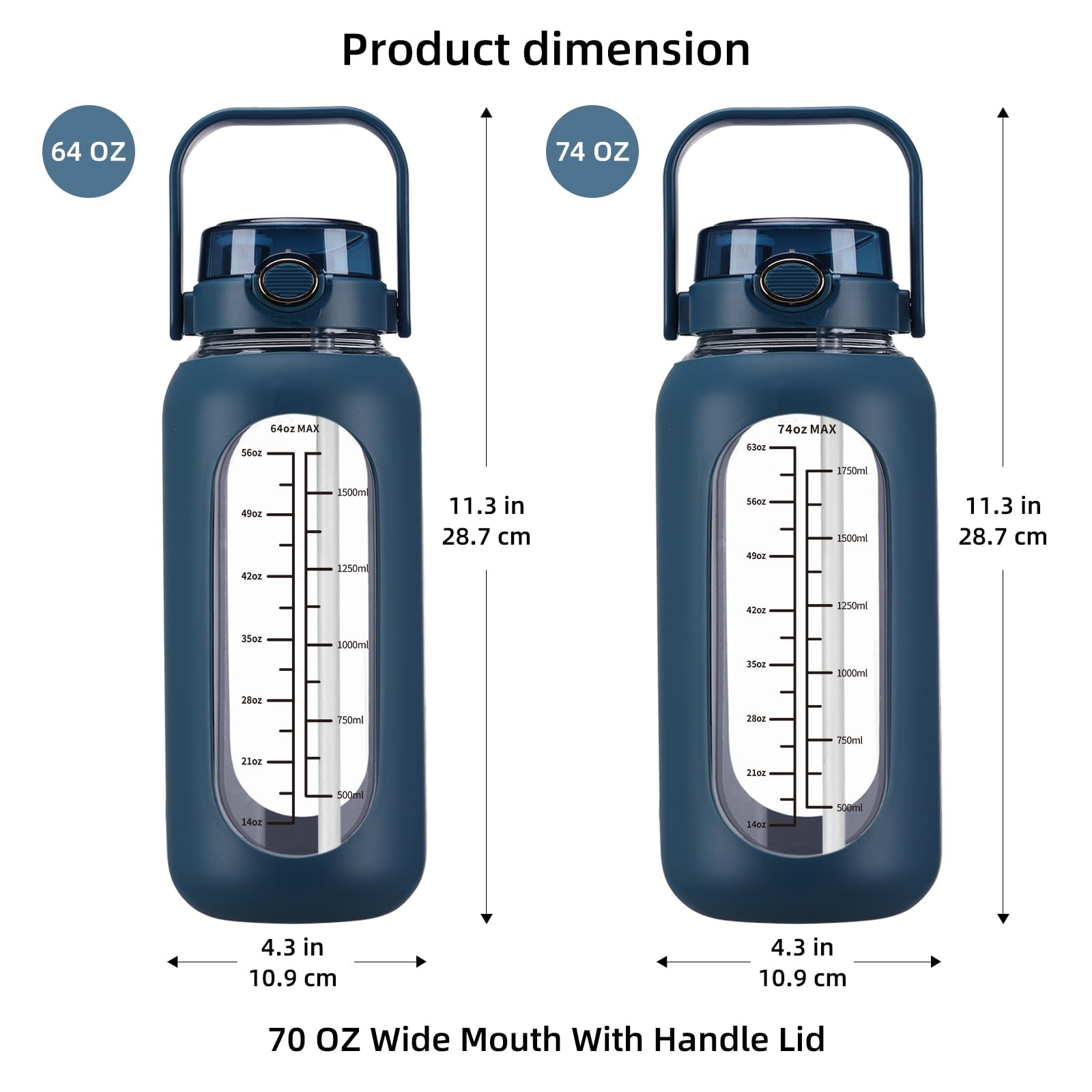 chunmo 74 oz Glass Water Bolttles with Straw Large Motivational Water Bottle with Time Marker Sports Water Bottles with Silicone Sleeve and Handle Lid 2.2L Water Jug for Gym Workout