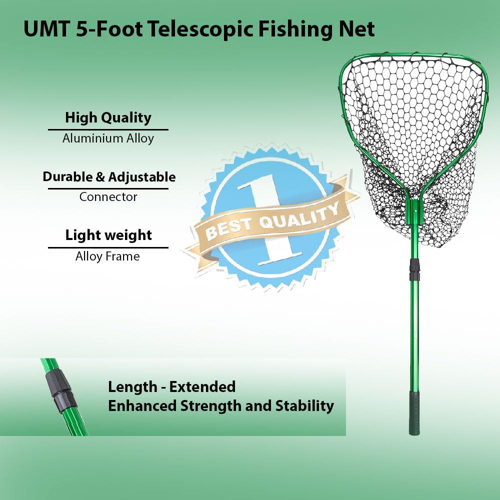 UMT Telescopic Fishing Landing Net - 3.6–5 Ft Adjustable Length, 17" x 19" Large Hoop, Green Silicone Mesh