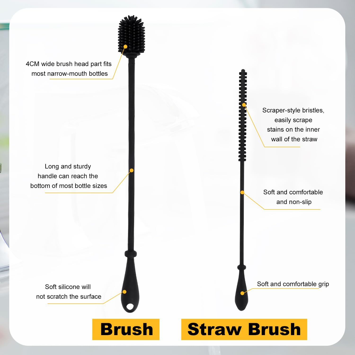 Skiennix Silicone Bottle Brush - Extra Long BPA-Free Cleaner for Water Bottles & Straws
