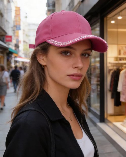 Shiny Rhinestone Brim Baseball Cap for Women Girls Bling Hats Sparkle Ponycap Trucker Hat Summer Outdoors Sun Cap Hot Pink