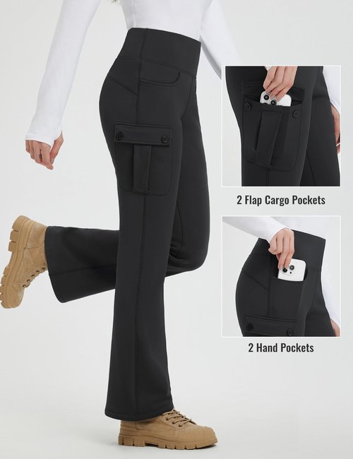 baleaf Women's Fleece Lined Pants Winter Warm Snow Flare Leggings Thick Cargo Bootcut Ski Thermal Insulated Waterproof Hiking Black L