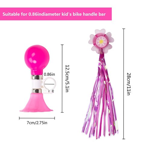 Kids Bicycle Horn and Handlebar Streamers Set - 1 Bike Horn + 2 Pink Handle Streamers Kit for Children Bike Accessories