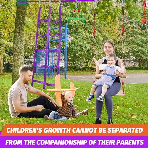 Kids Ninja Warrior Obstacle Course Slackline Set - 52ft with 9 Accessories, Purple