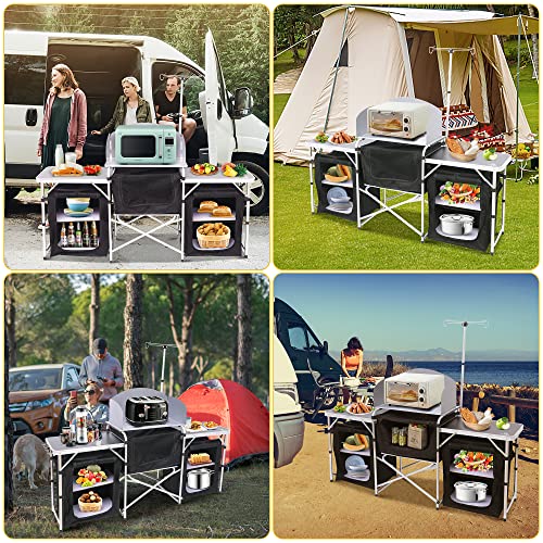 Folding Camping Kitchen Table with Light Stand & Windshield - Silver