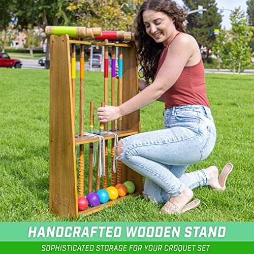 Premium Wooden Croquet Set with Six Mallets and Stained Hardwood Stand